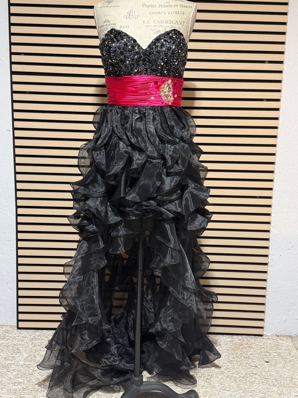 Black Beaded High-Low Ruffled Prom Dress with Fuchsia Sash